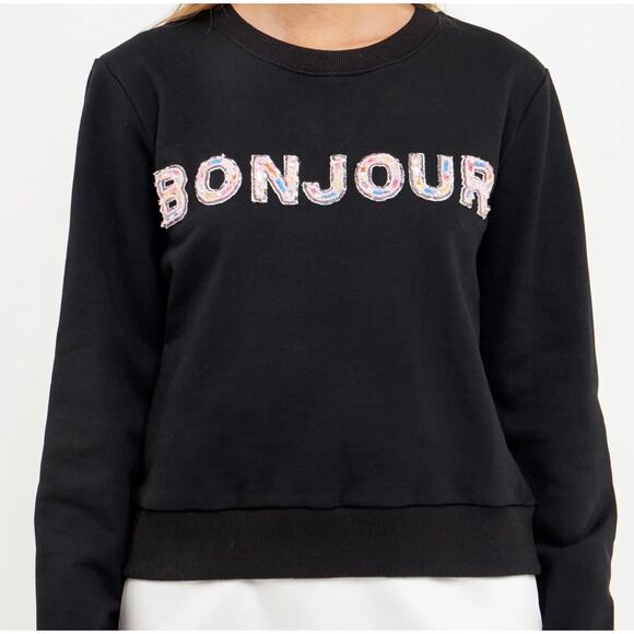 Endless Rose Sweatshirt Womens Small Black Bonjour Lettering Beads Pullover - Picture 4 of 12
